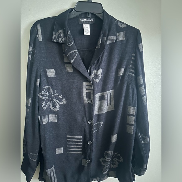 Sag Harbor Tops - Sag Harbor Black Long sleeve Button Up Leaf Blouse w/built in tank size 14
